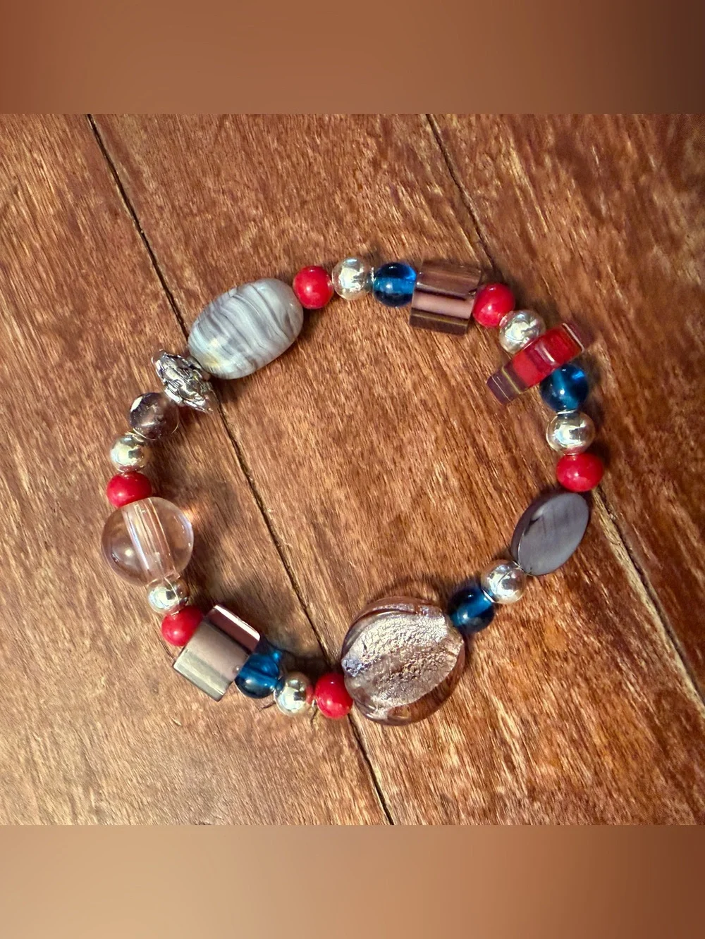 Handcrafted Multicolor Beaded Stretch Bracelet - Red, Blue & Silver